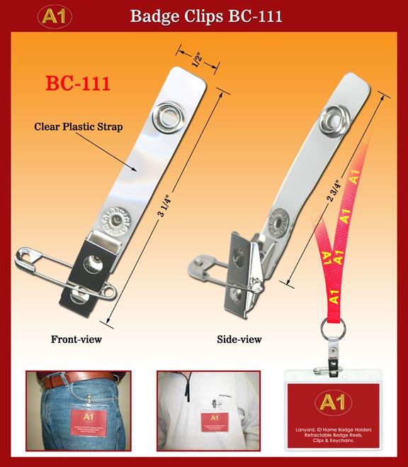 BC-111 Clear Plastic Badge Straps with Badge Clips and Pins