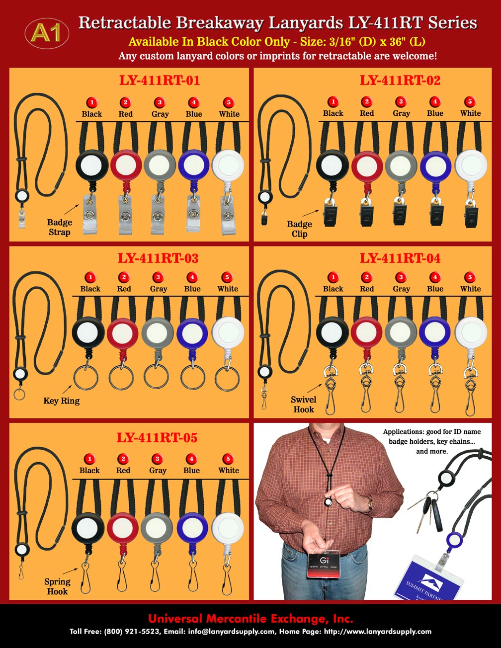 Retractable Safety Lanyards with Retractable ID Holders, Badge Clips, Key Chains, Swivel Hooks or Spring Hooks